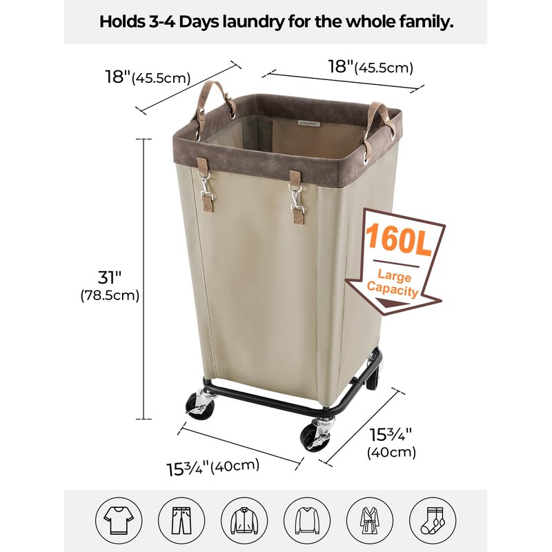 StorageWorks 160L Laundry Basket with Wheels, Large Rolling Hampers for