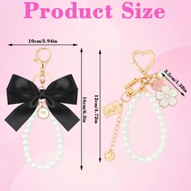 Maxqzin 2 Pcs Bow Keychain, Bow Keychain for Purse with Pearl Bracelet Wristlet Fashion Cute Bow Purse Charm for Car Keys Handbags Backpack Accessories (Black+White)