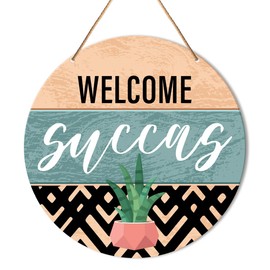 Muktoujaumai Welcome Sign Front Door Decor, Welcome Round Hanging Sign Decor Boho Decorations Succulent Wall Wood Sign for Door, Porch, Home, Plant Lover Gift, Welcome Succas