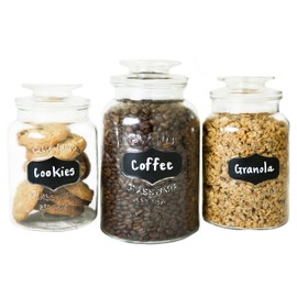 Kitchen Round Clear Glass Airtight Lids Chalkboard Canister Jar (Set of 3) with 3 Stick on Labels and Chalk Small