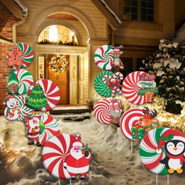 12 Pieces Christmas Yard Signs Decorations, Candy Christmas Decoration Outdoor Set, Waterproof Double-Sided Print Marker for Garden Decoration, Christmas Decoration, Outdoor Pathway, Walkway,