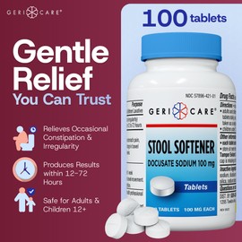 GeriCare Docusate Sodium Stool Softeners | Compared to Colace Regular Strength | Ideal for Constipation Relief,100mg Crushable Tablets. Dye Free (100 Count) Made in The USA.