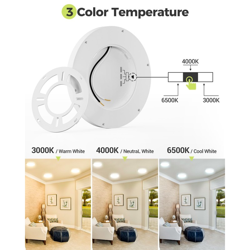 6PACK LED Flush Mount Ceiling Light, 3000K-4000K-6500K & 100W Equivalent
