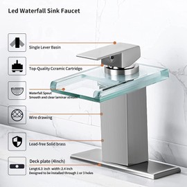 LED Bathroom Sink Faucet, Chrome Waterfall Single Handle Vanity Faucets for Sinks 1 or 3 Holes with Metal Pop Up Drain and 2 Water Supply Lines, Open Glass Spout by Bath Famoli (Brushed Nickel)