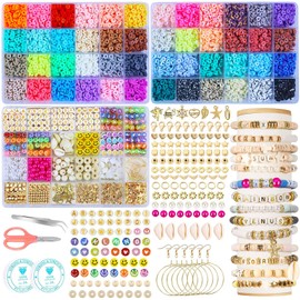 Clay Beads for Jewellery Making Kit, 18000Pcs Craft Kits - 56 Colors 3 Boxes Flat Round Polymer Clay Beads with Pendant Charms Kit Letter Beads, Bracelet Making Kit for Girls, Teens, Kids and Adults