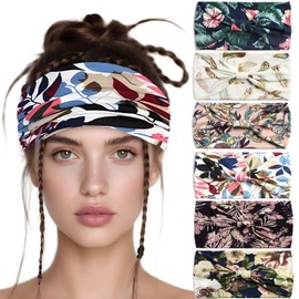 6 Pack Boho Style Women's Headbands, Non slip Fashion Wide Elastic hairband, Daily Sports Yoga Workout Women's Hair Bands,Floral Print-Flowers