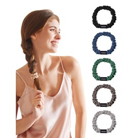 THXSILK 100% Mulberry Silk Scrunchies for Women, No Damage Hair Ties for Grils, Silk Smooth Ponytail Holder, Small 5 PCS, Cool Color