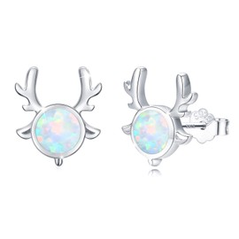 OHAYOO Christmas Deer Earrings Sterling Silver Blue Opal Earrings Screw Back Antler Earrings Christmas Stud Earrings Jewelry for Women