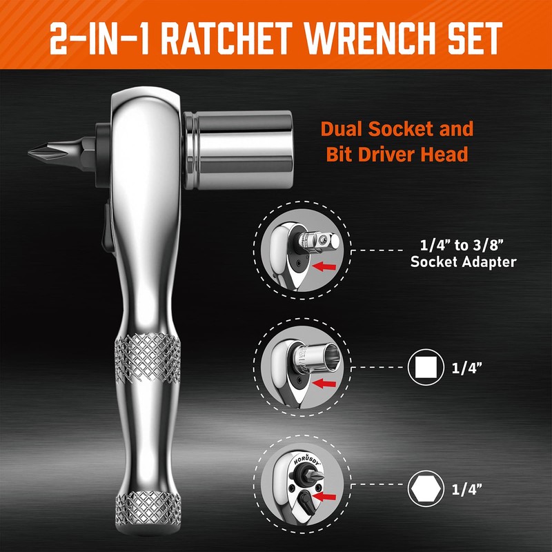 HORUSDY 1/4-Inch Stubby Ratchet Wrench Set, Chrome Alloy 90-Tooth Reversible
