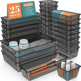 WOWBOX 25 PCS Plastic Drawer Organizer Set, Desk Drawer Divider Organizers and Storage Bins for Makeup, Jewelry, Gadgets for Kitchen, Bedroom, Bathroom, Office, Black