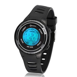 Juboos Children's Digital Watches, 7 Colours LED Light, Children's Sports Watch, Boys, Waterproof Children's Watch with Alarm Stopwatch, Children's Watches, Outdoor Watch for Boys Girls 5-18, black