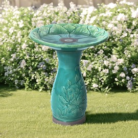 LuxenHome 23 Inch Ceramic Bird Bath for Outside, Elegant Concrete Tall Outdoor Bird Bath, Lightweight Pedestal Glazed Birdbaths for Outdoors with Floral Embossed Design, Jade Green