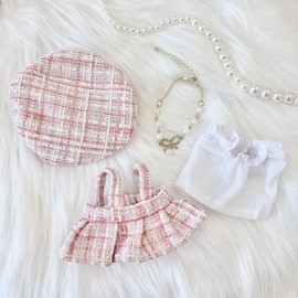 [Sewing Clothes] Tweed Sewing Clothes (for 4.9 - 5.9 inches (10 - 15 cm) Dress, Shirt, Beret, Necklace, 4-Piece Set, Pink