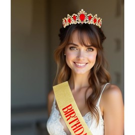 Gold Birthday Queen Crowns for Women Adult Prom Queen Sash and Tiara Set Birthday Queen Sashes for Women Girls
