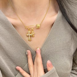 Jumcew Cross Necklace 14K Gold Plated Double Cross Pendant Necklace Dainty Trendy Diamond Cross Delicate Faith Jewelry Religious Charm Link Chain Choker Gifts for Women Teen Girls Men Boys