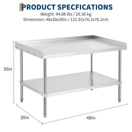 ExploreHorizon Equipment Grill Stand Table 48x30x30 Inch Stainless Steel NSF Certified 400 Lbs Capacity with Adjustable Legs, 2" Edge Baffle, for Hotel, Home, Commercial Restaurant Kitchen