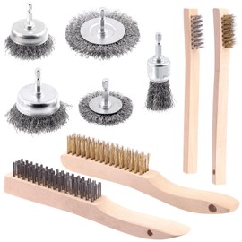 Glarks 9Pcs Wire Scratch Brush Set, Including 5Pcs Wire Wheel Cup Brushes, 4Pcs Carbon Steel/Brass Steel/Copper/Stainless Steel Wire Brushes with Wood Handle Curved Grip