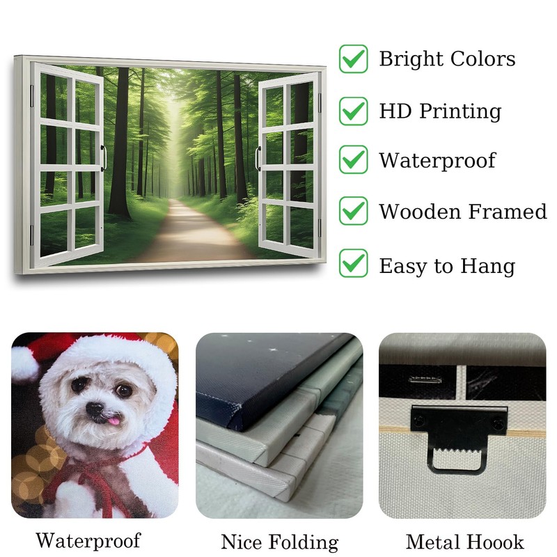 ZHIYYHAO Window View of Green Forest Canvas Wall Art Framed