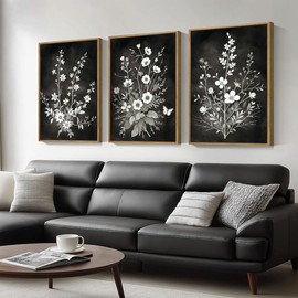 BINCUE Framed Black and White Floral Wall Art Set of 3 Botanical Wall Decor Flower Painting for Living Room Bedroom Office 16x24 Inches