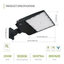 ASD LED Parking Lot Light Fixture with Arm Bracket, Dusk to Dawn Outdoor Lamp | Dimmable, Photocell, IP66 Waterproof, DLC, UL Listed | 200W 30000LM 5000K 100-277V | Shoebox Area Lighting | Bronze