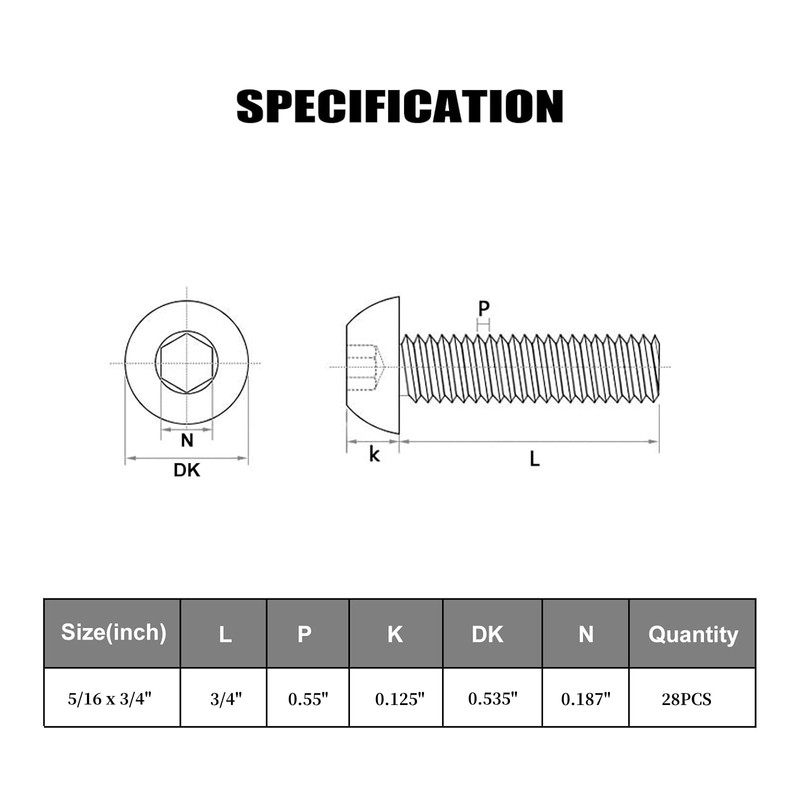 VGBUY 28Pcs 5/16-18 x 3/4" Button Head Socket Cap Bolts