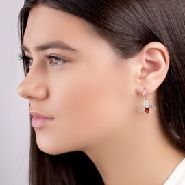 HENRYKA Honey Bee Hook Earrings in 925 Sterling Silver Baltic Amber | Bumble-Bee Jewellery | Hypoallergenic Women's Jewellery with Gift Box for Her