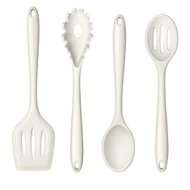 LIANYU 4Pcs Silicone Utensils, Kitchen Cooking Utensils Set, Kitchen Tools with Spoon, Turner, Pasta Server, Heat Resistant Cooking Gadgets for Non-stick Cookware, Dishwasher Safe, White