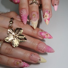 24Pcs Pink Flower Press on Nails Medium Almond French Tip Fake Nails 3D Summer Floral with Gold Starfish Press Ons Cute Stick on Nails Ocean Beach False Nails Glue on Nails for Women Acrylic Nails