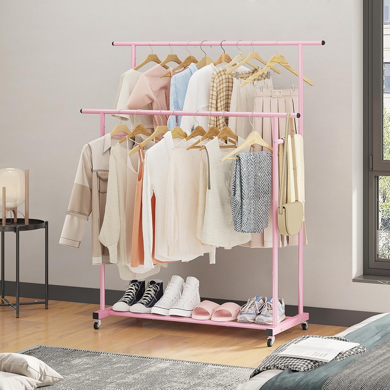 Calmootey Double Rod Clothing Garment Rack,Rolling Hanging Clothes Rack,Portable Clothes
