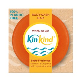 KinKind WAKE me up! BodyWash bar. Zesty freshness with foaming Mandarin and Grapefruit fragrance. Up to 30 washes, plastic & paraben free. Vegan. UK hand-made.