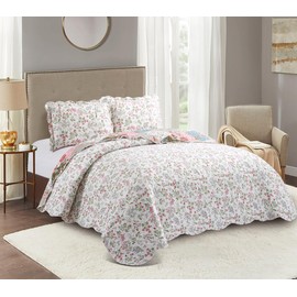Brilliant Sunshine Peach and Olive Flowers Patchwork, 3-Piece Quilt Set with 2 Shams, Reversible Bedspread, Soft Lightweight Coverlet, All-Season, Full/Queen, Peach Olive