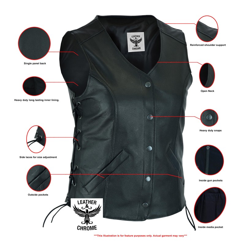 Women's Motorcycle Leather Vest With Longer Cut and Dual Gun