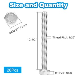 Yinpecly 20Pcs 1/4-20 x 2-1/2" Hex Bolts,1/4"-20 Hex Head Cap Screws Hexagon Bolts, 304 Stainless Steel, External Hex Drive, UNC Coarse Thread Fully Threaded