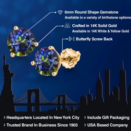 Gem Stone King 14K Yellow Gold Martini Earrings | 3 Prong Screw Back Stud Earrings For Women Men | Round 6MM | Gemstone Birthstone | Gold Earrings For Women Men