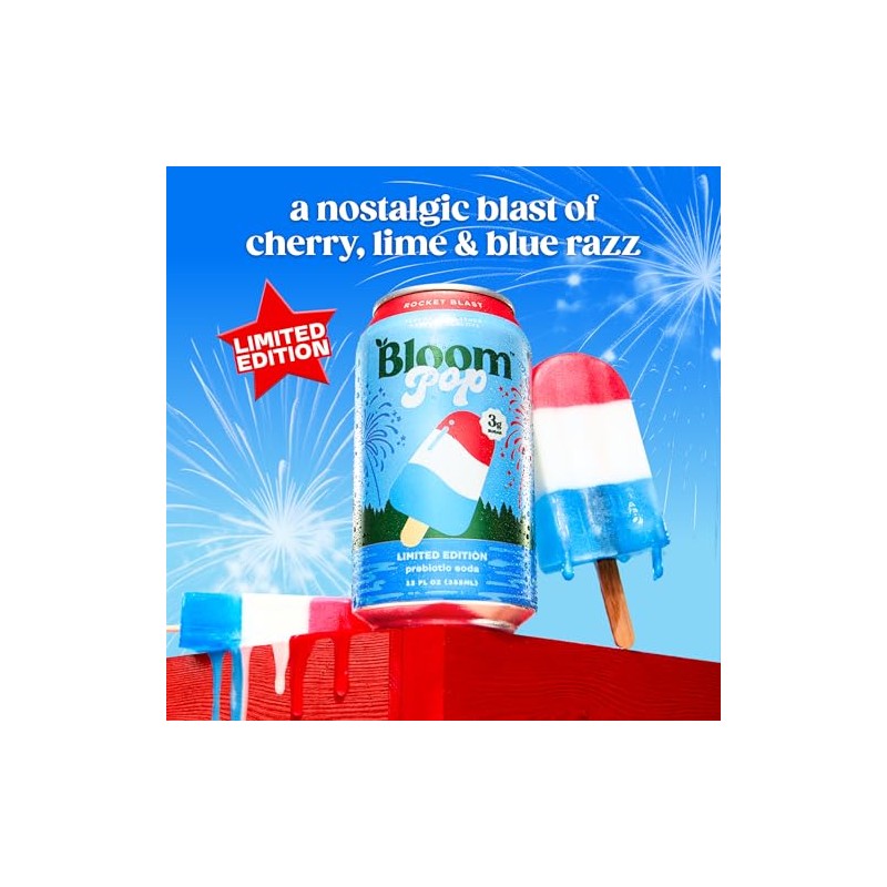 Bloom Pop Prebiotic Soda 12 Pack, Rocket Blast, 12oz Cans