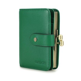 Full Grain Leather Kiss Lock Wallet for Women Contact's Small Coin Purse Ladies Bifold Card Holder with RFID Blocking (Green)