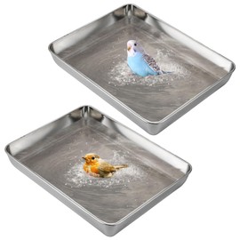kathson 2-Pack Stainless Steel Bird Bath Tray, 16.14" L x12.2 W x2.36 H Metal Birdbath for Cage, Outdoor Use, Pet Birds Cleaning Accessories, Bird Bathtub Shower Tub for Small Parrots
