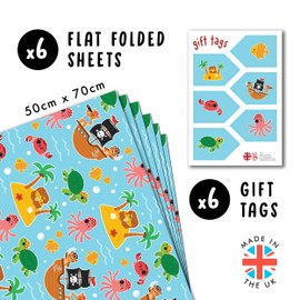 CENTRAL 23 Pirate Wrapping Paper - 6 Sheets Of Gift Wrap - Animal Pirates Treasure Island Ship - Birthday Wrapping Paper For Boys And Girls - Recyclable