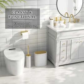 InnJoey Bathroom Set, 10PC Bathroom Accessory Set, White Bathroom Accessories, White and Gold Bathroom Set with Trash Can, Soap Dispensers