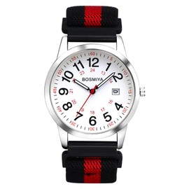 JewelryWe Unisex Braided Elastic Watch: 24-Hour Format Easy-to-Read Calendar Dial Quartz Wristwatch Colorful Strap with Silver Case