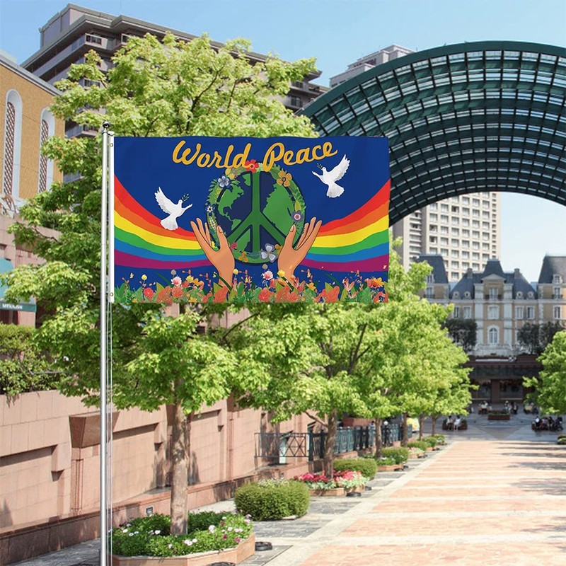 Hztyyier World Peace Flag Dove Rainbow Signs Double Printed World