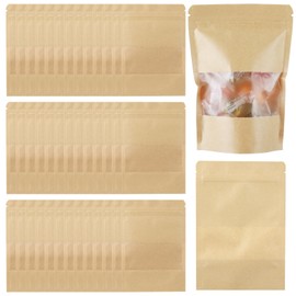 150 Kraft Mylar Bags for Food Storage 6X9 Mylar Bags with Window Candy Packaging Resealable Bags Reclosable Small Stand Up Pouches Edible Packaging, Kraft Paper Bags for Small Business