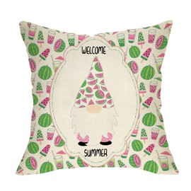 Fbcoo Welcome Summer Watermelon Gnome Decorative Throw Pillow Cover, Popsicle Drinks Cushion Case Decor Sign, Seasonal Home Square Outside Pillowcase Decoration for Sofa Couch 18x18 Inch Cotton Linen