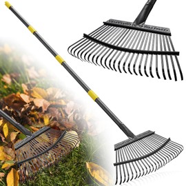Garden Rake for Leaves: 18” Wide Metal Leaf Rake, 65” Long Adjustable Handle, Heavy Duty 25 Teeth, Fast Kids Women Large Lawn Yard Garden Leaf Cleanup Gardening Rakes: Grass,Debris,Pine Needles Pick