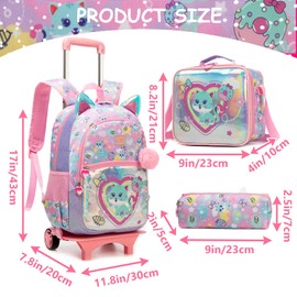 Kids Rolling Loving Cat Backpack for Girls Trolley Suitcases Luggage Travel with Wheels Detachable Wheeled 17" 3PCS Roller Backpacks Set Toddler Back Pack School Bags for Elementary Pink