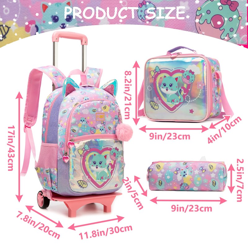 Kids Rolling Loving Cat Backpack for Girls Trolley Suitcases Luggage