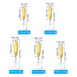 PATIKIL Fishing Spoons 1/5 oz 1/4 oz 3/8 oz 1/2 oz 3/5 oz, Set of 5 Fishing Lures Casting Spoon Treble Hook Jigs Hard Metal Spinner Baits for Freshwater Saltwater Salmon Bass, Gold Tone
