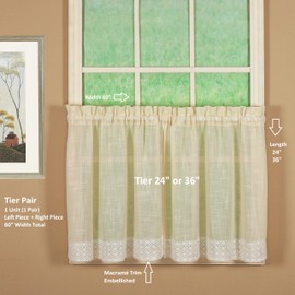 Today's Curtain, Salem Macramé Trim Tier 36", French Vanilla, 60" W x 36" L