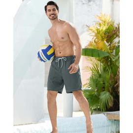 difficort Men's Swim Trunks with Compression Liner 7" Quick-Dry Swimming Shorts with Zipper Pockets, Charcoal Grey, Large