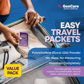 GenCare Polylethylene Glycol 3350 Powder for Solution – 100 Travel Packets – Unflavored Grit-Free Clear PEG 3350 for Occasional Constipation Relief for Women & Men – Generic MiraLAX Laxative Powder